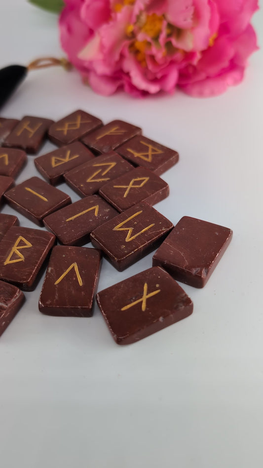 Red Jasper Rune Set and Bag - Polished Elder Futhark Runes alternate view
