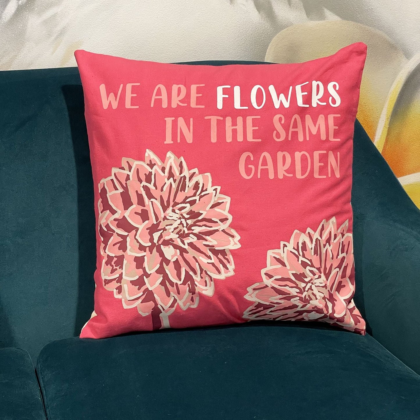 Printed Cotton Cushion Cover - We are Flowers - Olive, Pink and Natural - Luna Panther