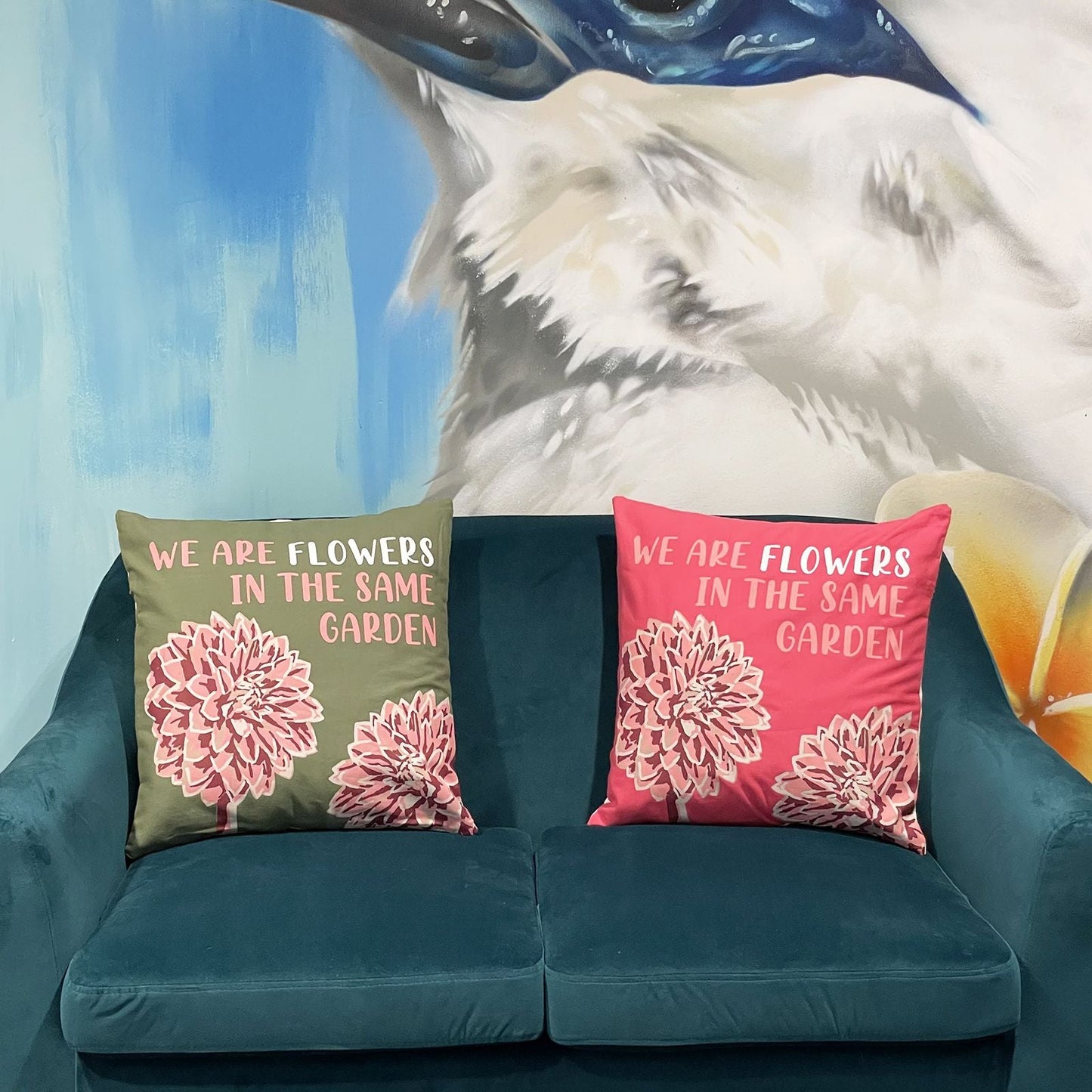 Printed Cotton Cushion Cover - We are Flowers - Olive, Pink and Natural - Luna Panther