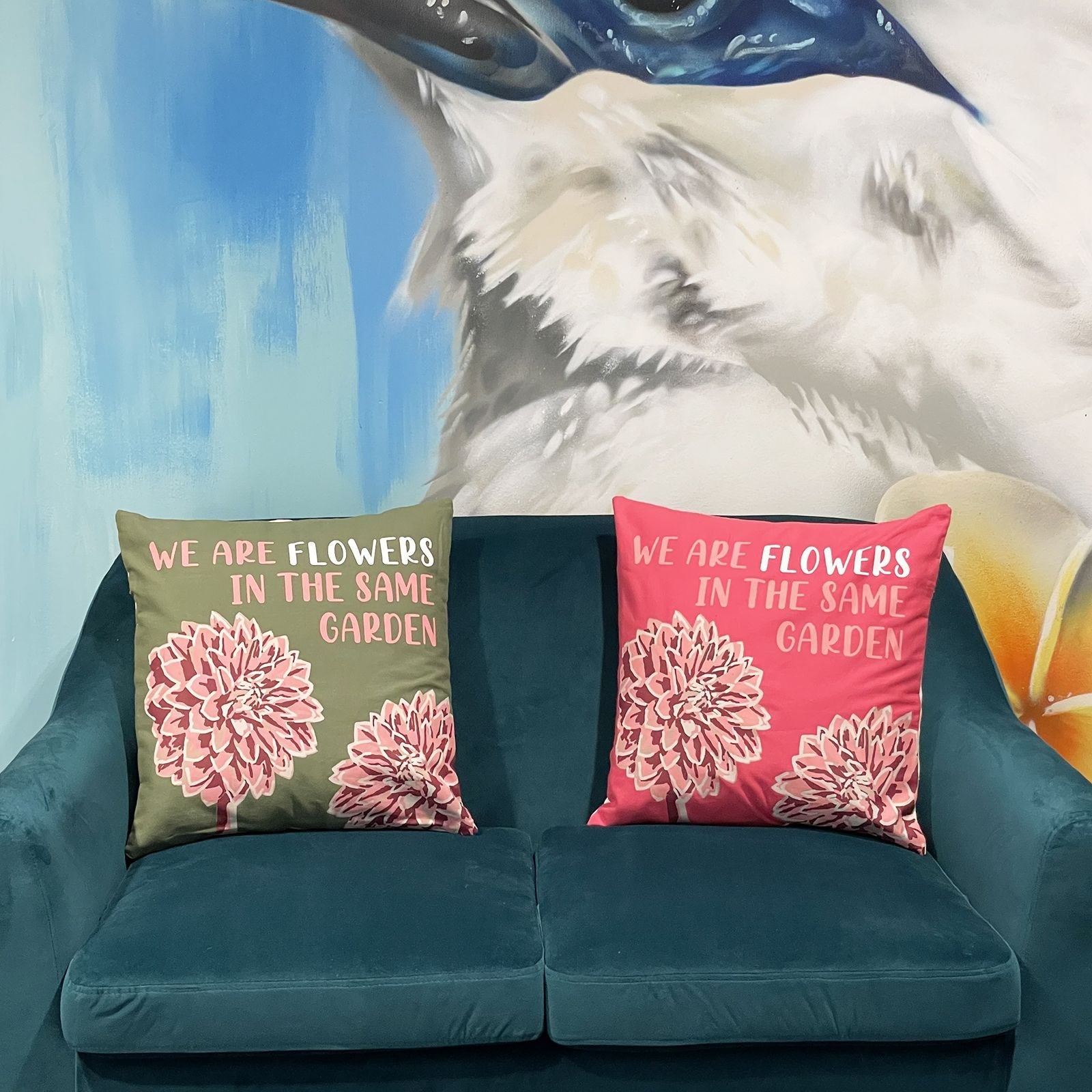 Printed Cotton Cushion Cover - We are Flowers - Olive, Pink and Natural - Luna Panther