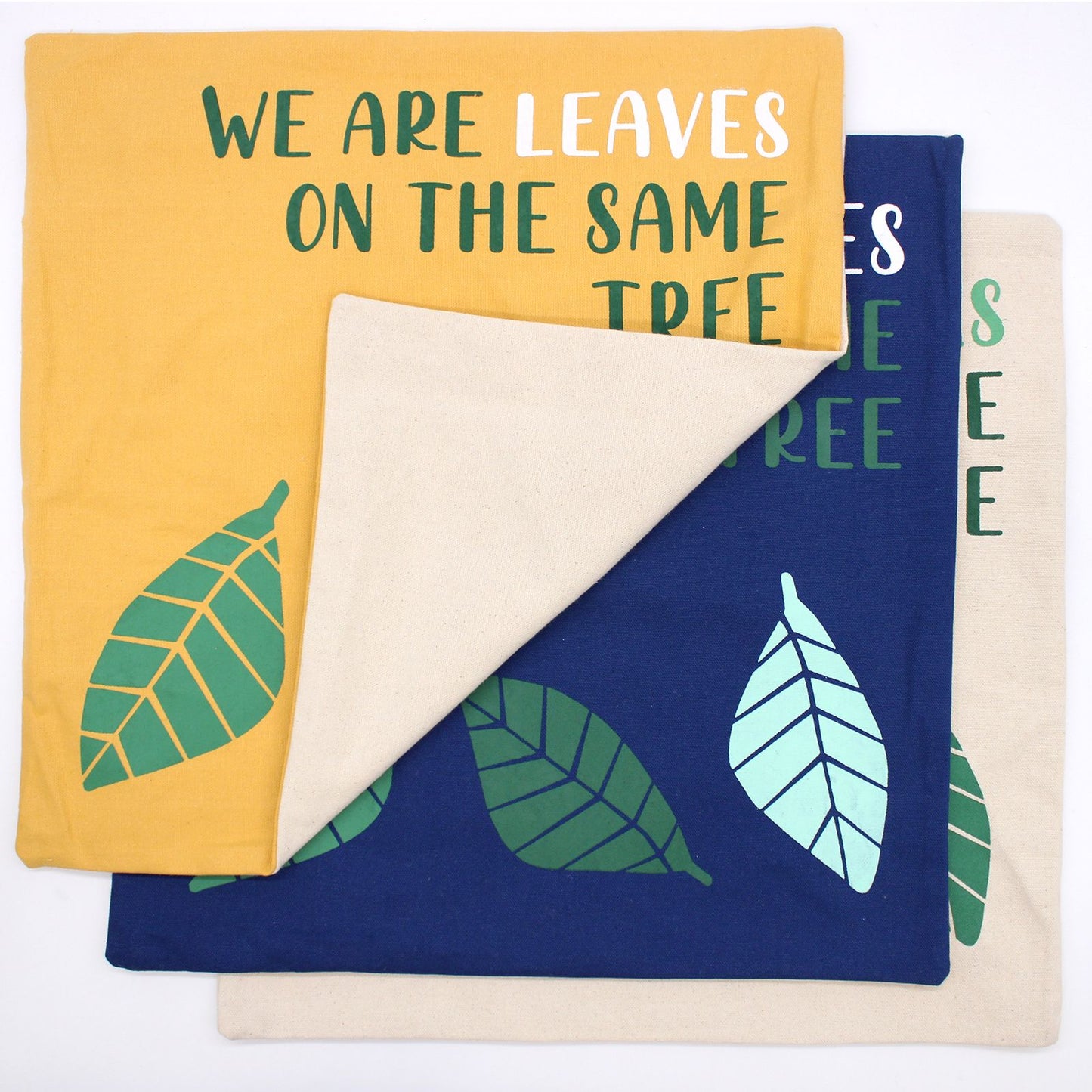 Printed Cotton Cushion Cover - We are Leaves - Yellow, Blue and Natural - Luna Panther