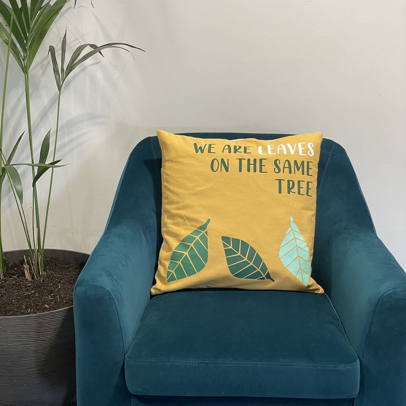 Printed Cotton Cushion Cover - We are Leaves - Yellow, Blue and Natural - Luna Panther