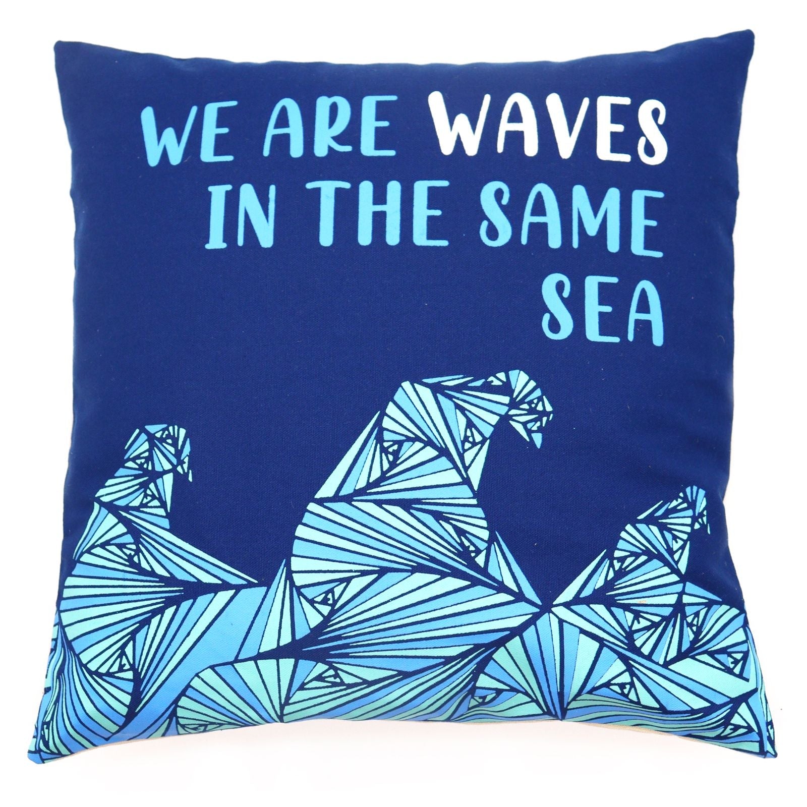 Printed Cotton Cushion Cover - We are Waves - Grey, Blue and Natural - Luna Panther