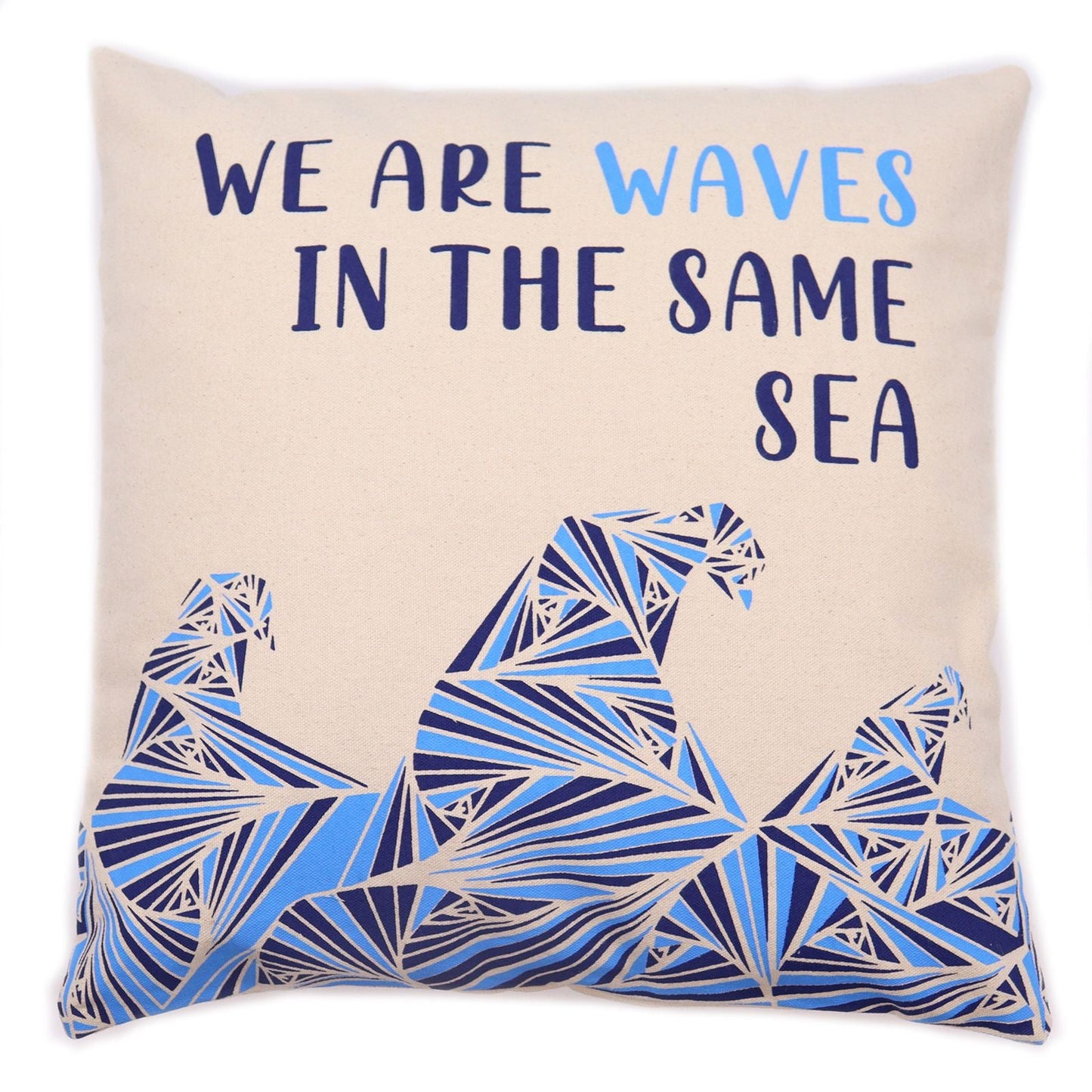 Printed Cotton Cushion Cover - We are Waves - Grey, Blue and Natural - Luna Panther