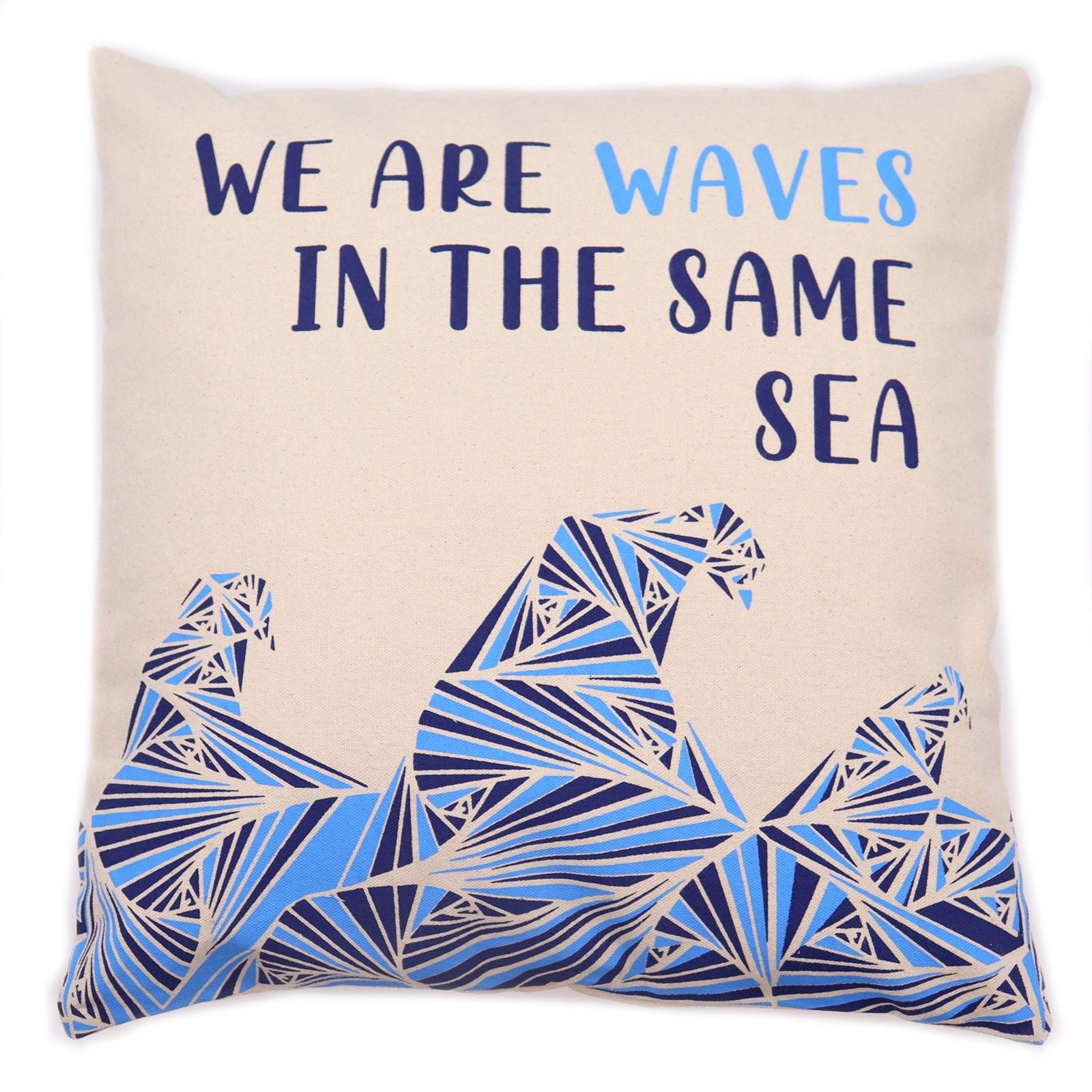 Printed Cotton Cushion Cover - We are Waves - Grey, Blue and Natural - Luna Panther