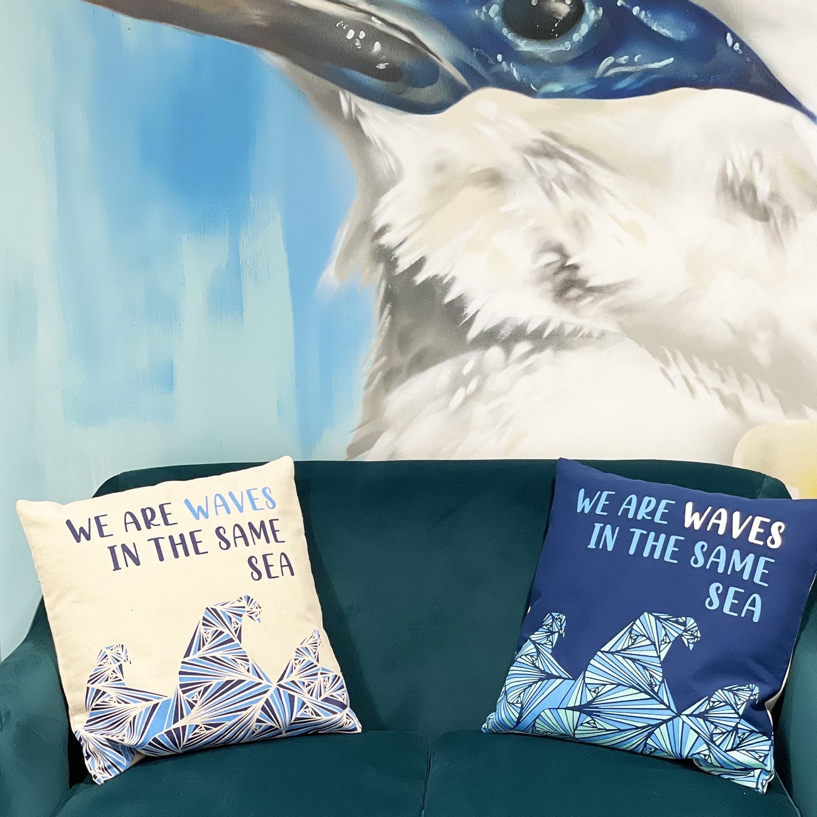 Printed Cotton Cushion Cover - We are Waves - Grey, Blue and Natural - Luna Panther