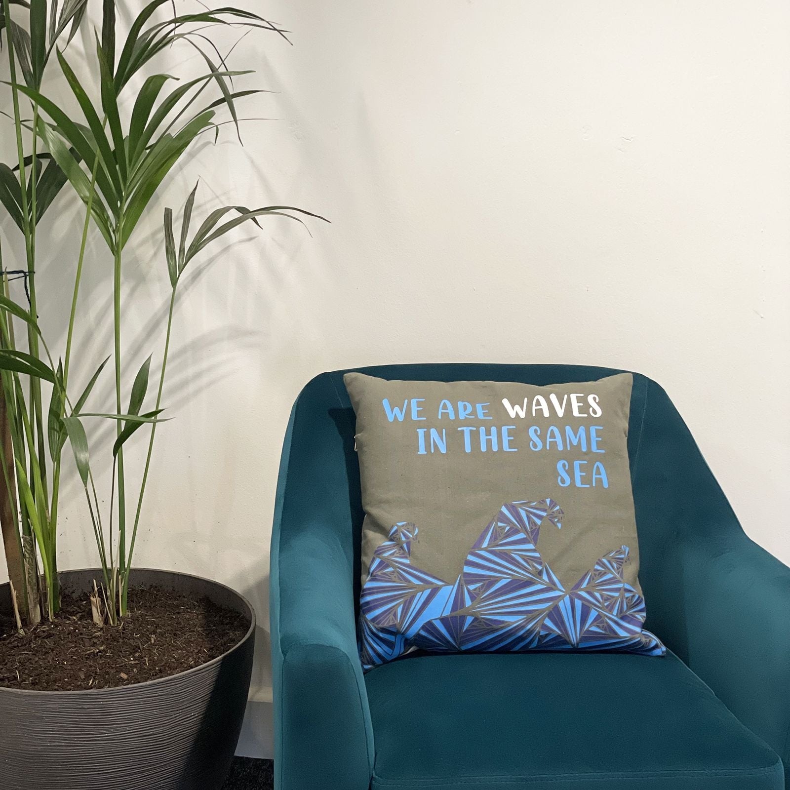 Printed Cotton Cushion Cover - We are Waves - Grey, Blue and Natural - Luna Panther