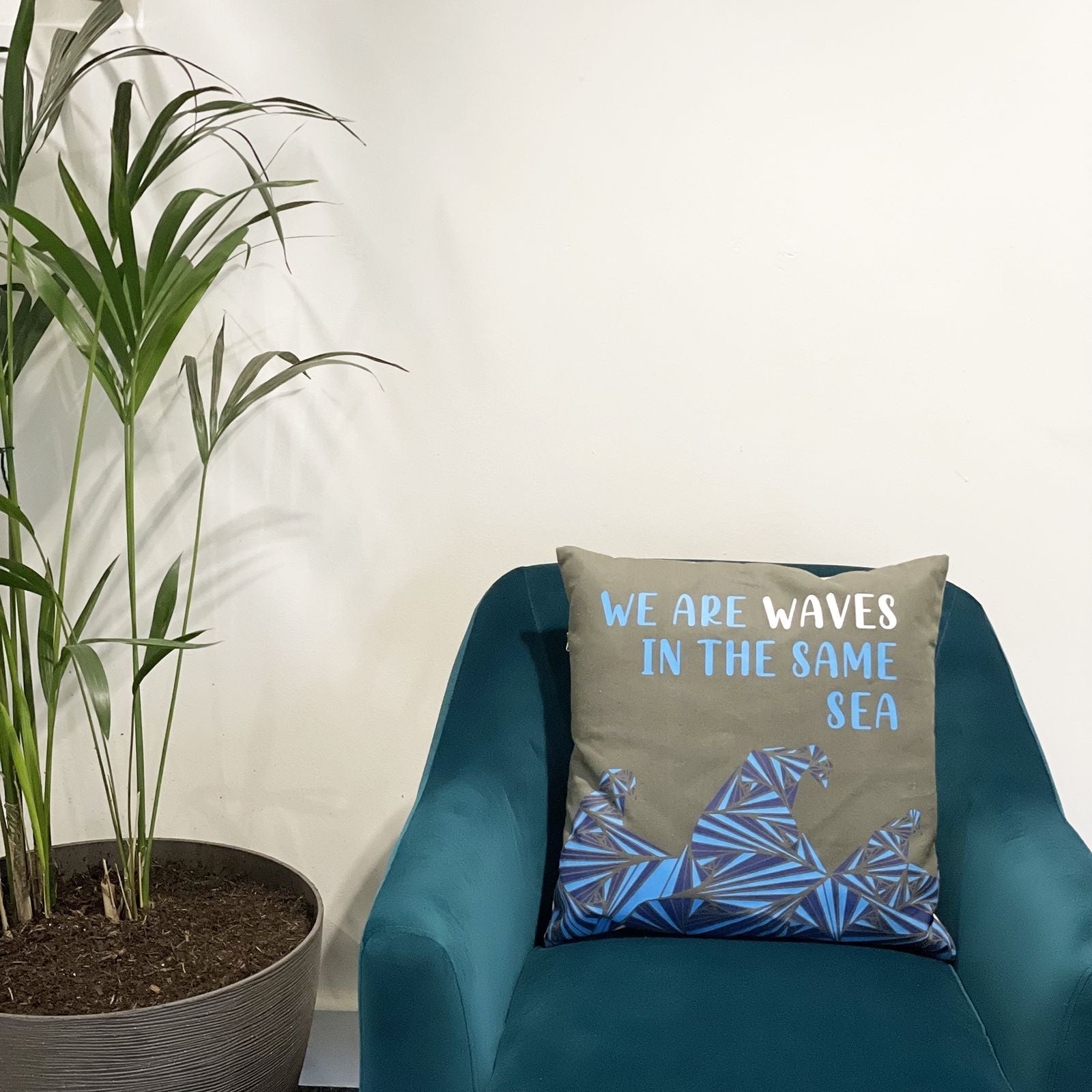 Printed Cotton Cushion Cover - We are Waves - Grey, Blue and Natural - Luna Panther