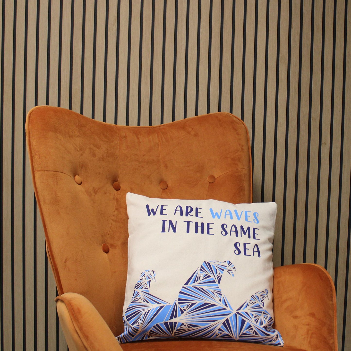 Printed Cotton Cushion Cover - We are Waves - Grey, Blue and Natural - Luna Panther
