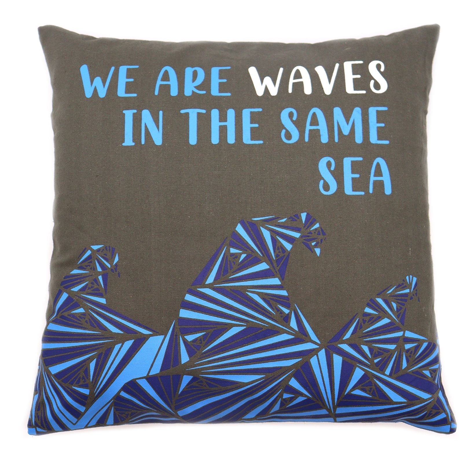 Printed Cotton Cushion Cover - We are Waves - Grey, Blue and Natural - Luna Panther