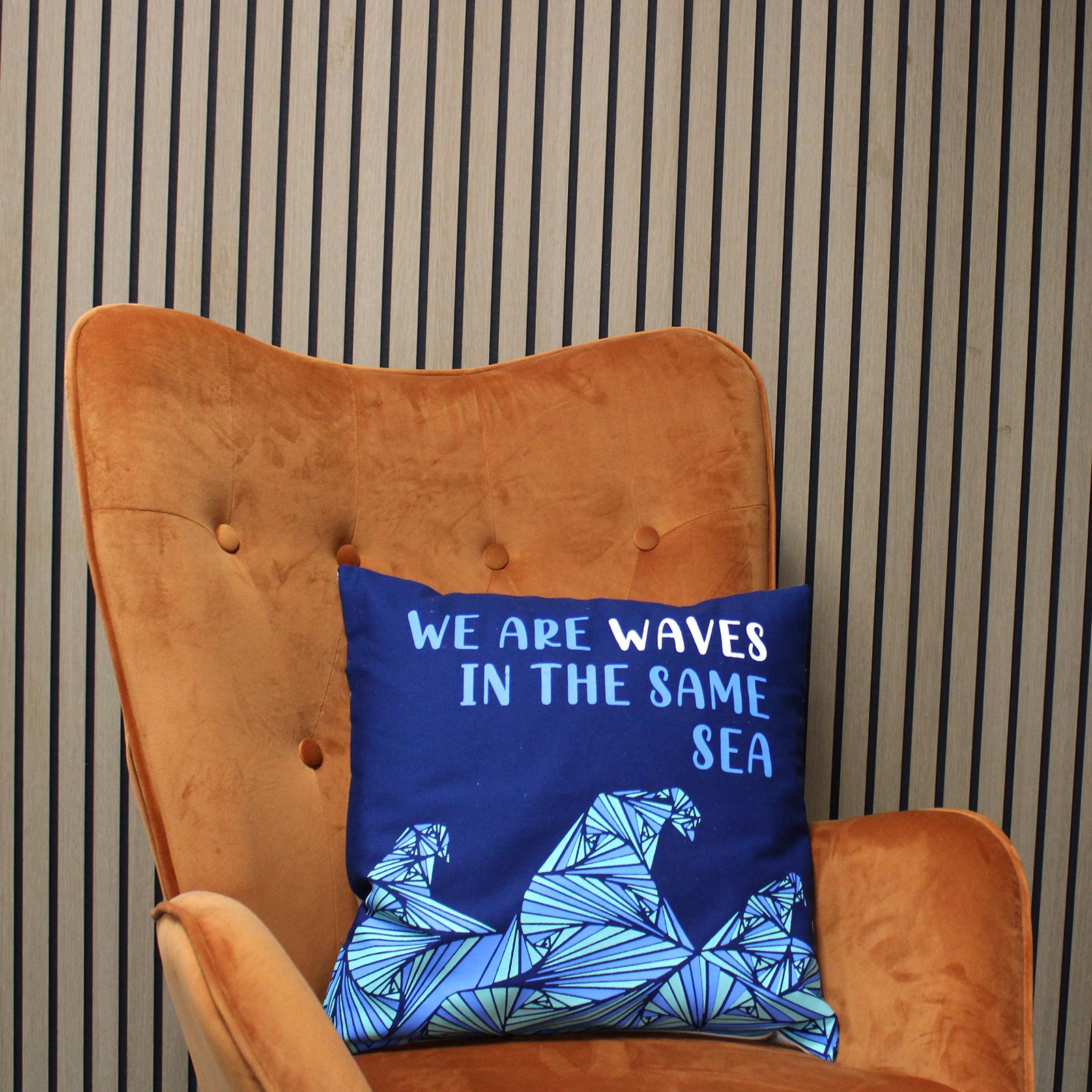 Printed Cotton Cushion Cover - We are Waves - Grey, Blue and Natural - Luna Panther