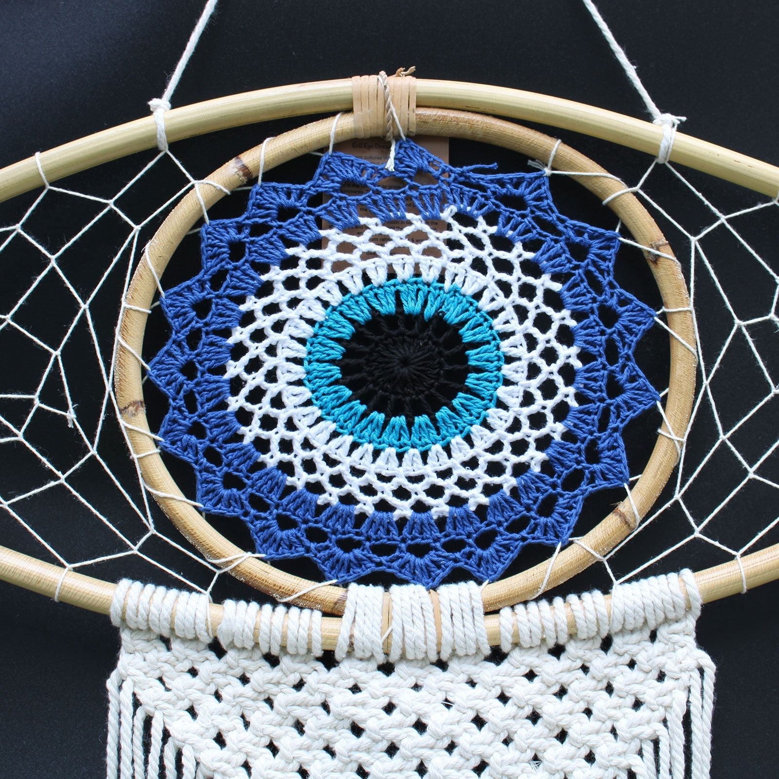 Polished Protection Dream Catcher - Lrg Macrame Evil Eye Blue/White/Black featuring natural patterning and unique variations - Luna Panther