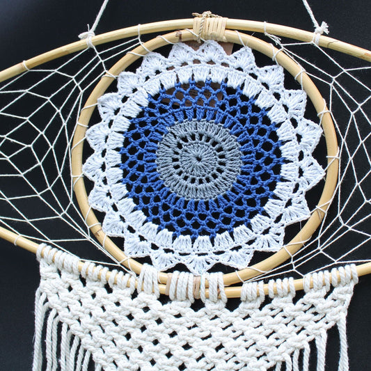 Polished Protection Dream Catcher - Lrg Macrame Evil Eye White/ Blue/Grey featuring natural patterning and unique variations - Luna Panther