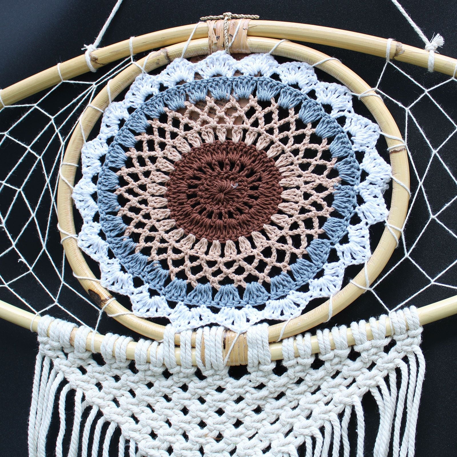 Polished Protection Dream Catcher - Lrg Macrame Evil Eye White/ Grey/Brown featuring natural patterning and unique variations - Luna Panther