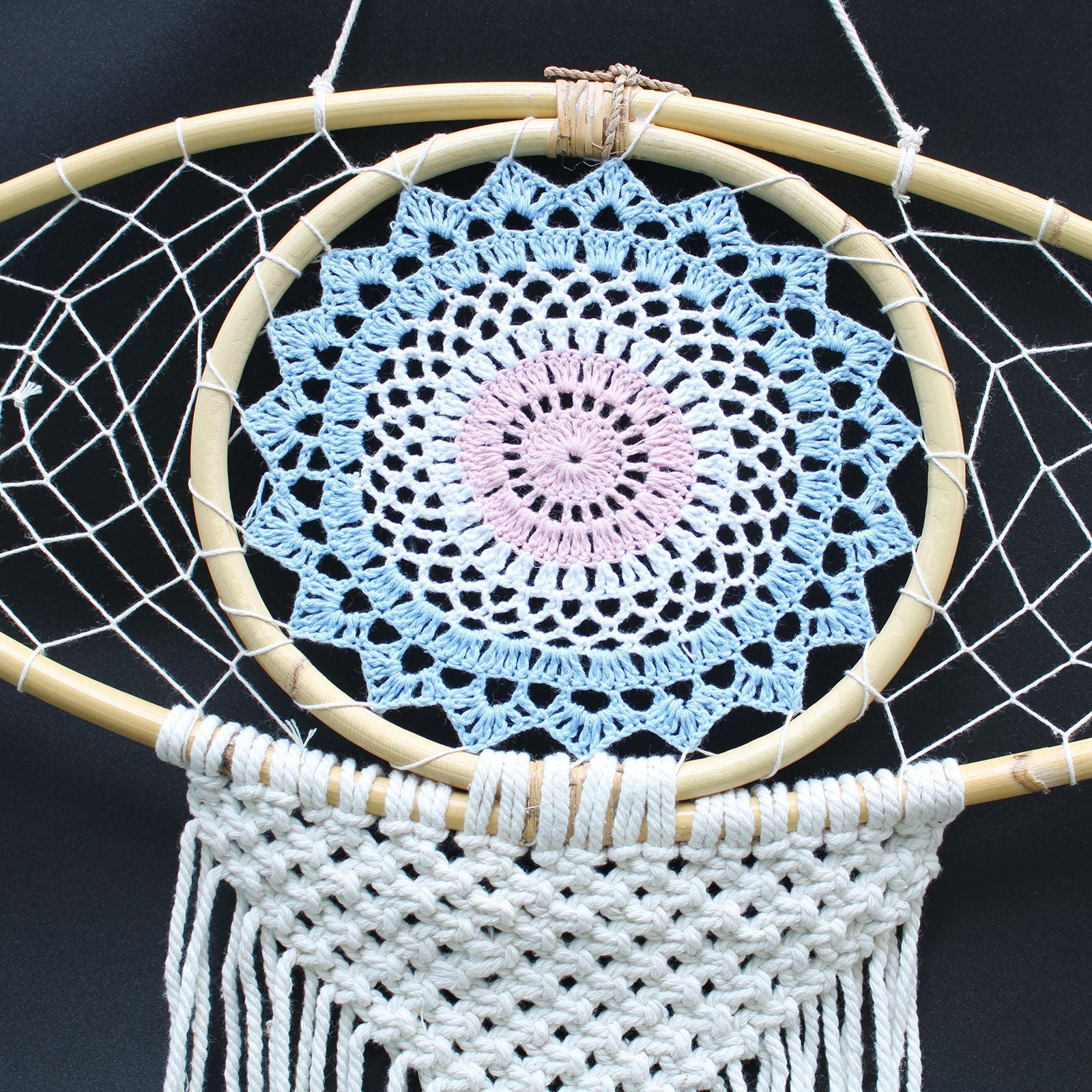 Polished Protection Dream Catcher - Lrg Macrame Eye Blue/ White/Pink featuring natural patterning and unique variations - Luna Panther