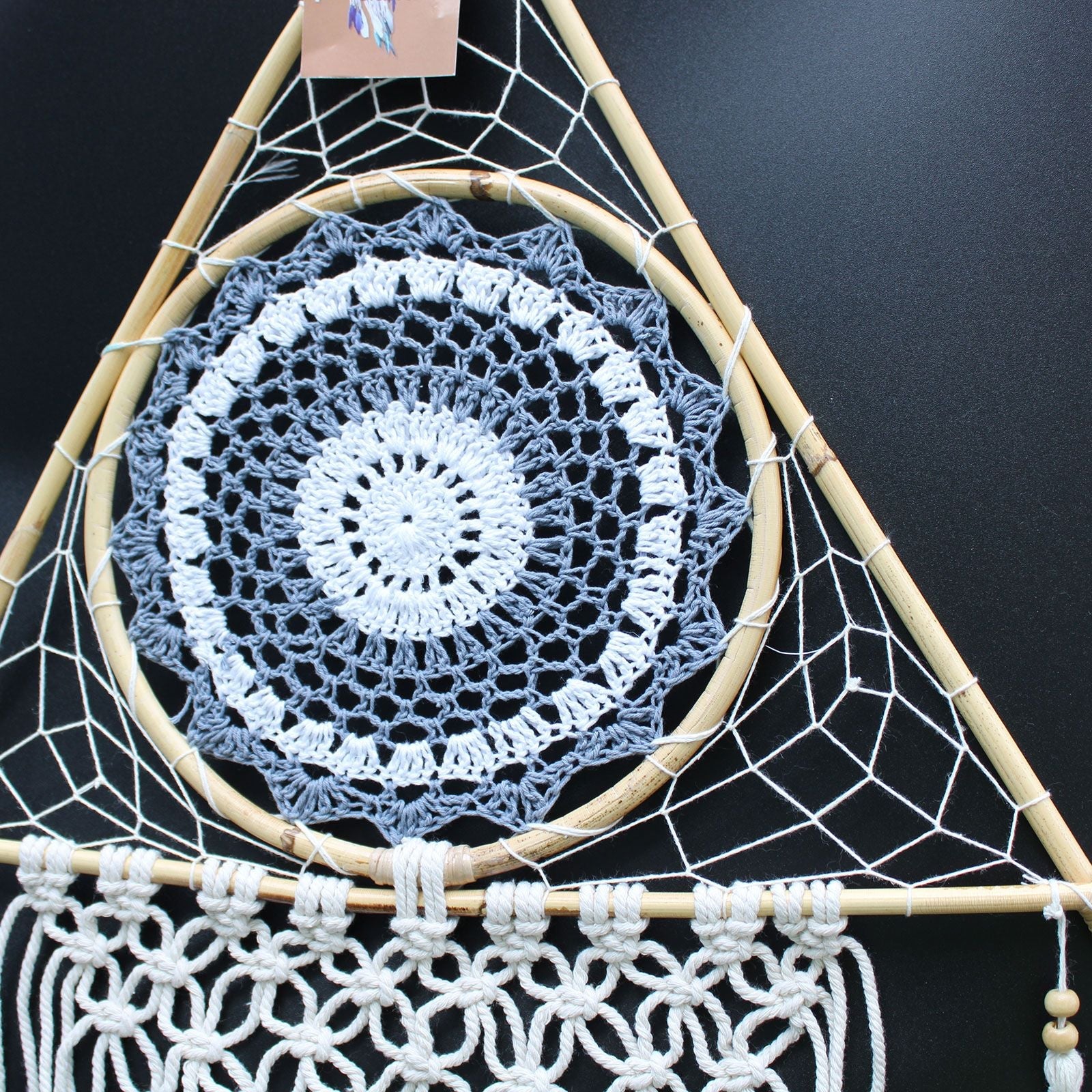 Polished Protection Dream Catcher - Lrg Macrame Pyramid White/Grey featuring natural patterning and unique variations - Luna Panther
