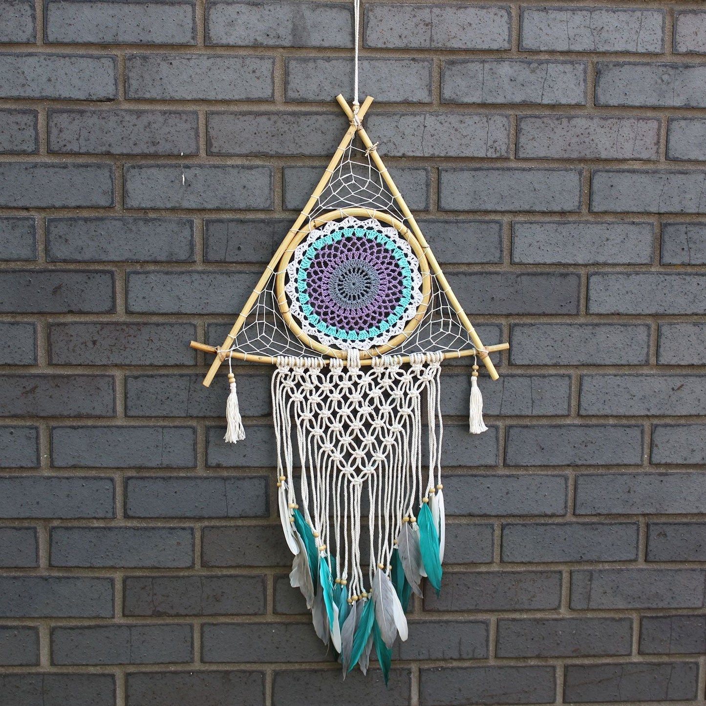 Polished Protection Dream Catcher - Lrg Macrame Pyramid White/Turquoise featuring natural patterning and unique variations - Luna Panther