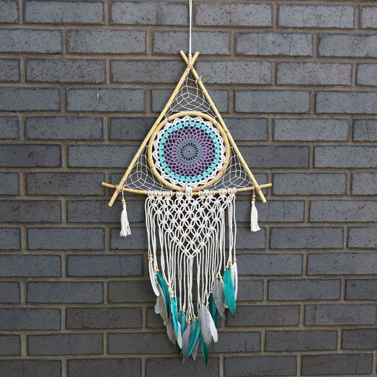 Polished Protection Dream Catcher - Lrg Macrame Pyramid White/Turquoise featuring natural patterning and unique variations - Luna Panther