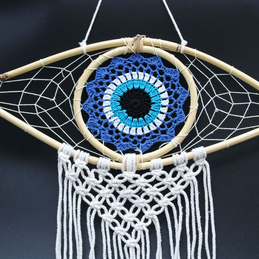 Polished Protection Dream Catcher - Med Macrame Evil Eye Blue/White/Black featuring natural patterning and unique variations - Luna Panther