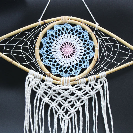Polished Protection Dream Catcher - Med Macrame Evil Eye Blue/White/Pink featuring natural patterning and unique variations - Luna Panther