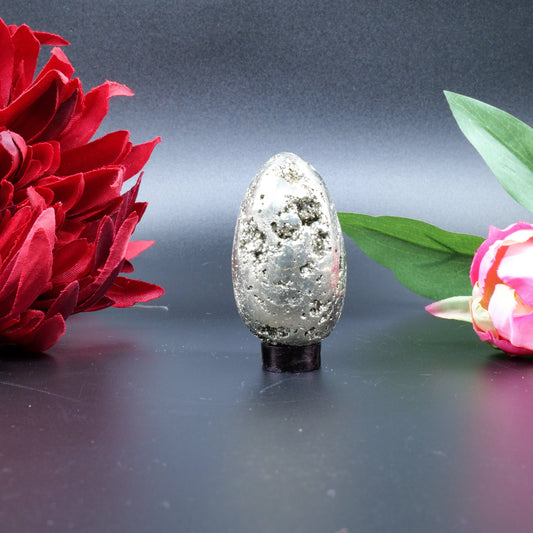 Polished Pyrite Egg 110g 55x30mm featuring metallic gold lustre and cubic sparkle - Luna Panther