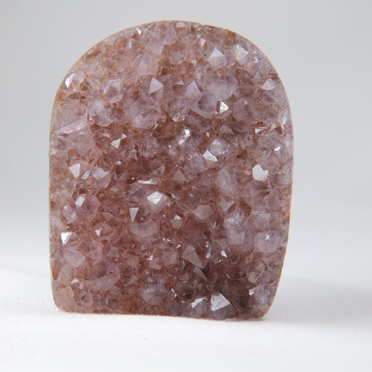Closer front view showing the druzy's angular lilac and mauve crystal points. alternate view