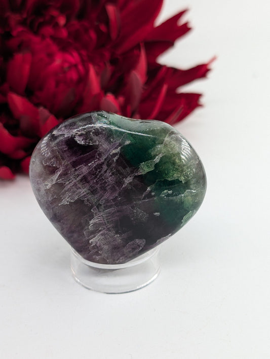 Polished Rainbow Fluorite Heart Palmstone 60mm featuring banded green‑purple hues and glassy clarity - Luna Panther