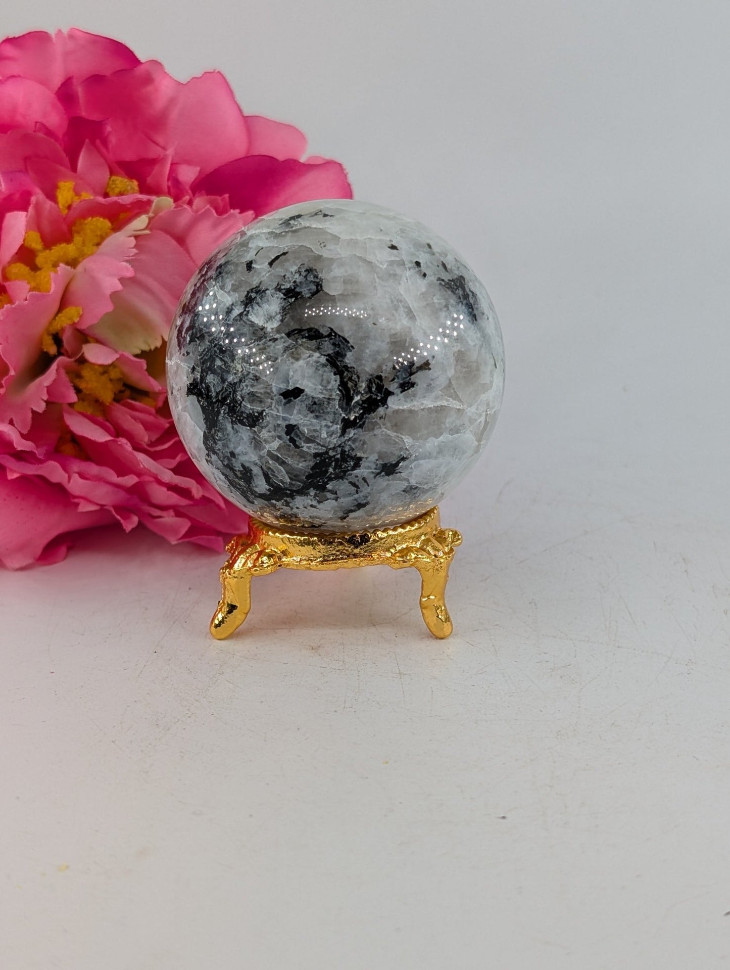 Polished Rainbow Moonstone Sphere 220g 54mm featuring pearly adularescence and soft sheen - Luna Panther
