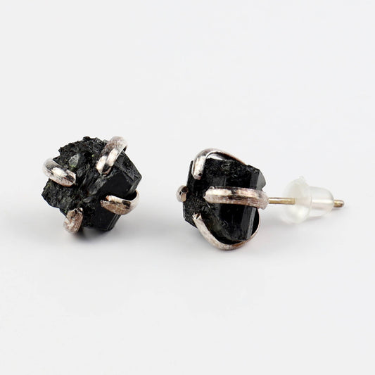 Raw Black Tourmaline Stud Earrings – Silver Tone — earrings, image 1 of 5.