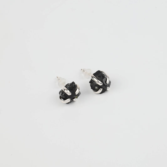 Raw Black Tourmaline Stud Earrings – Silver Tone — earrings, image 2 of 5. alternate view