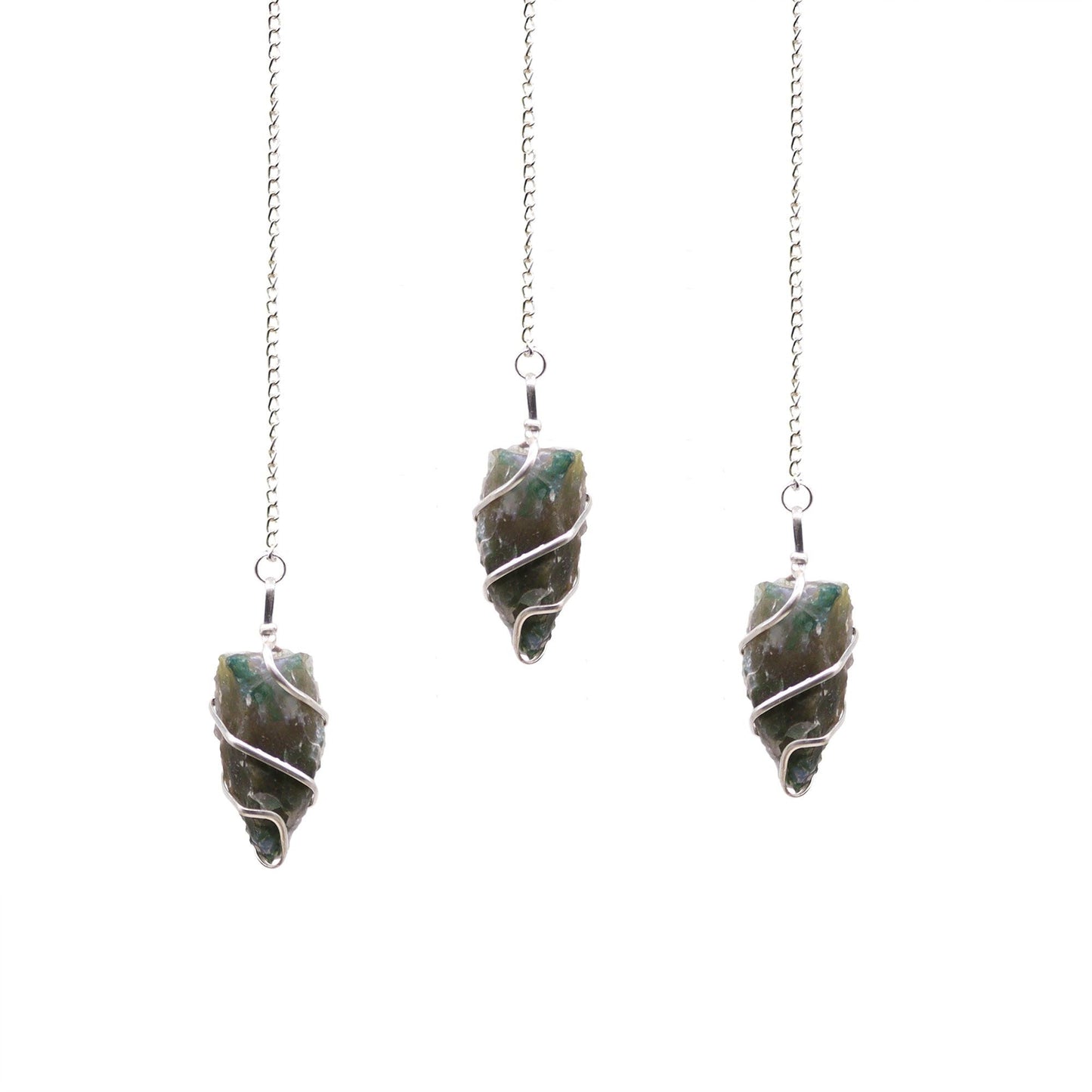 Natural Raw Gemstone Pendulum - Moss Agate featuring green mossy inclusions in translucent base - Luna Panther