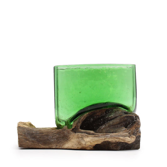 Recycled Beer Bottles - Square Bowl on Wood - Luna Panther