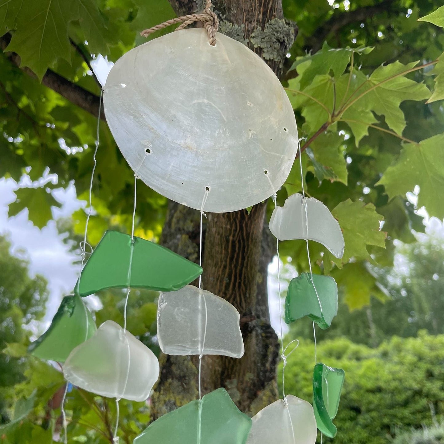 Recycled Glass Wind Chime - Copis & Glass Drop - Green & White Glass - Luna Panther