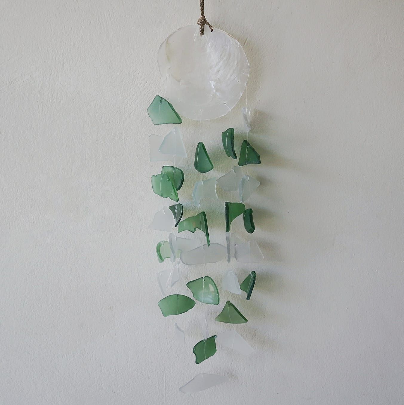 Recycled Glass Wind Chime - Copis & Glass Drop - Green & White Glass - Luna Panther