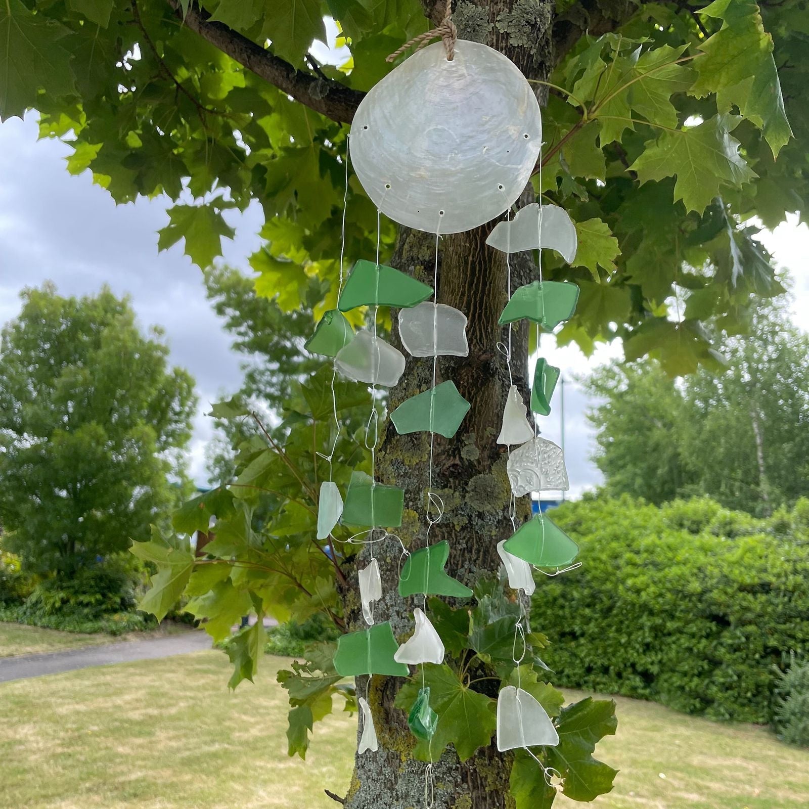 Recycled Glass Wind Chime - Copis & Glass Drop - Green & White Glass - Luna Panther