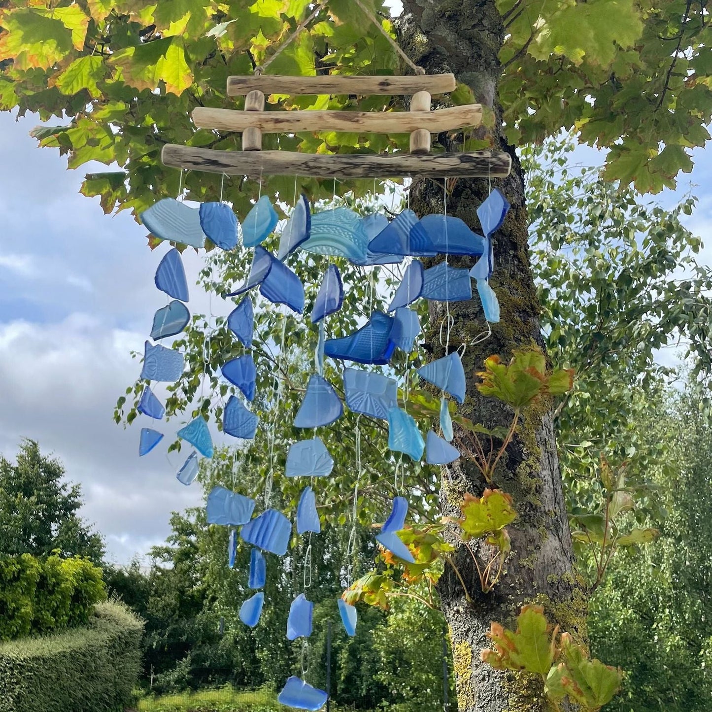 Recycled Glass Wind Chime - Three Stick - All Blues - Luna Panther