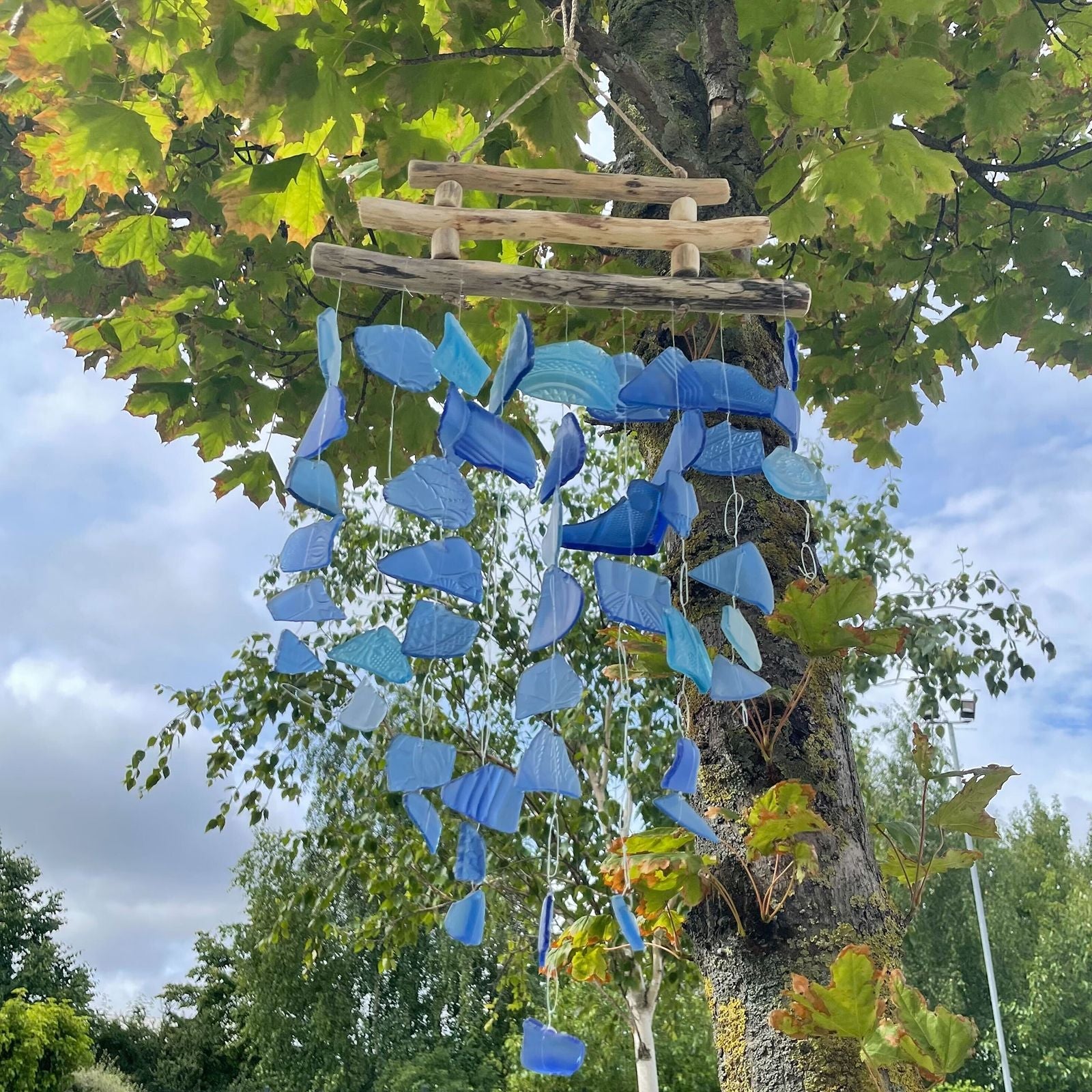 Recycled Glass Wind Chime - Three Stick - All Blues - Luna Panther
