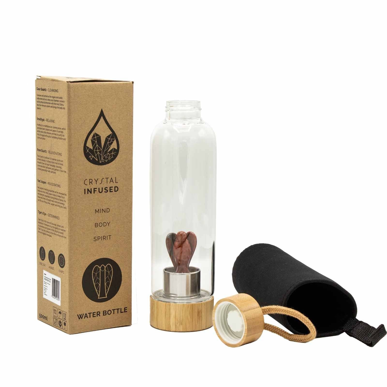 Red Jasper Angel Crystal Infused Glass Water Bottle 500ml - Luna Panther