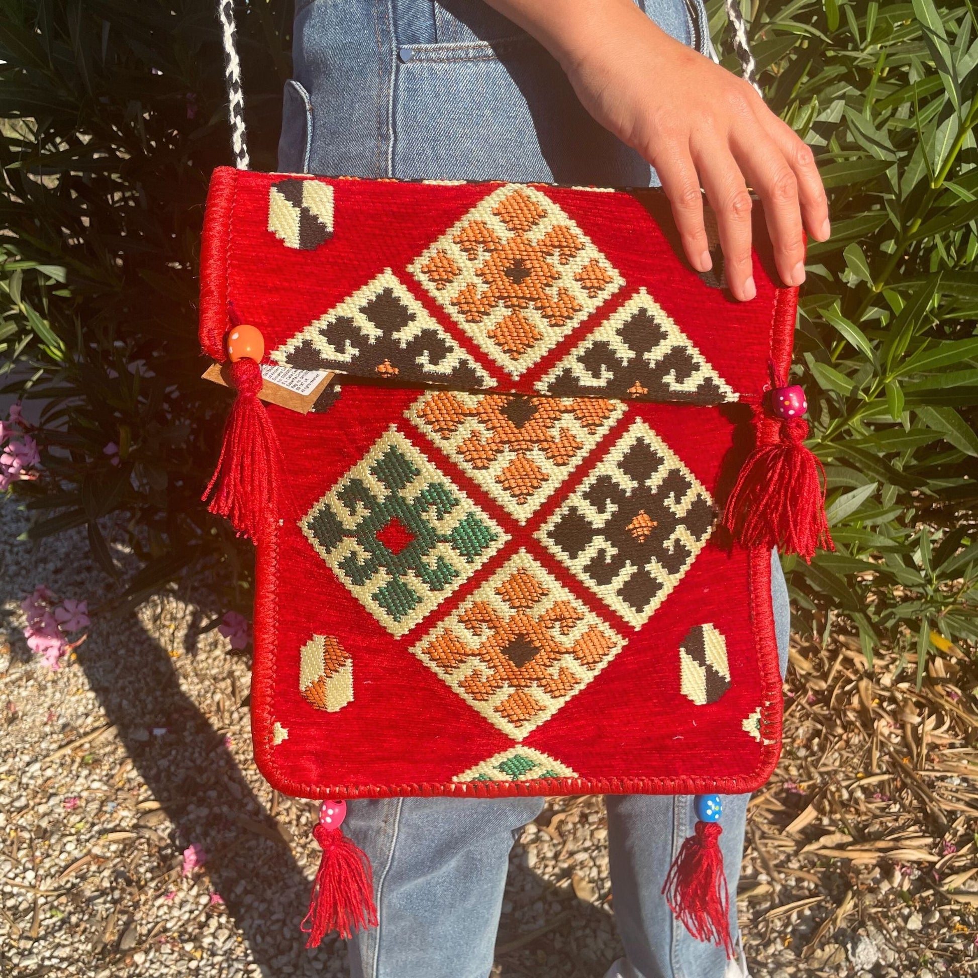 Polished Red Kilim Messenger Festival Bag featuring natural patterning and unique variations - Luna Panther