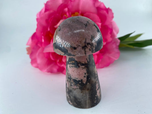Polished Rhodonite Mushroom 112grams featuring pink tone with black veining - Luna Panther