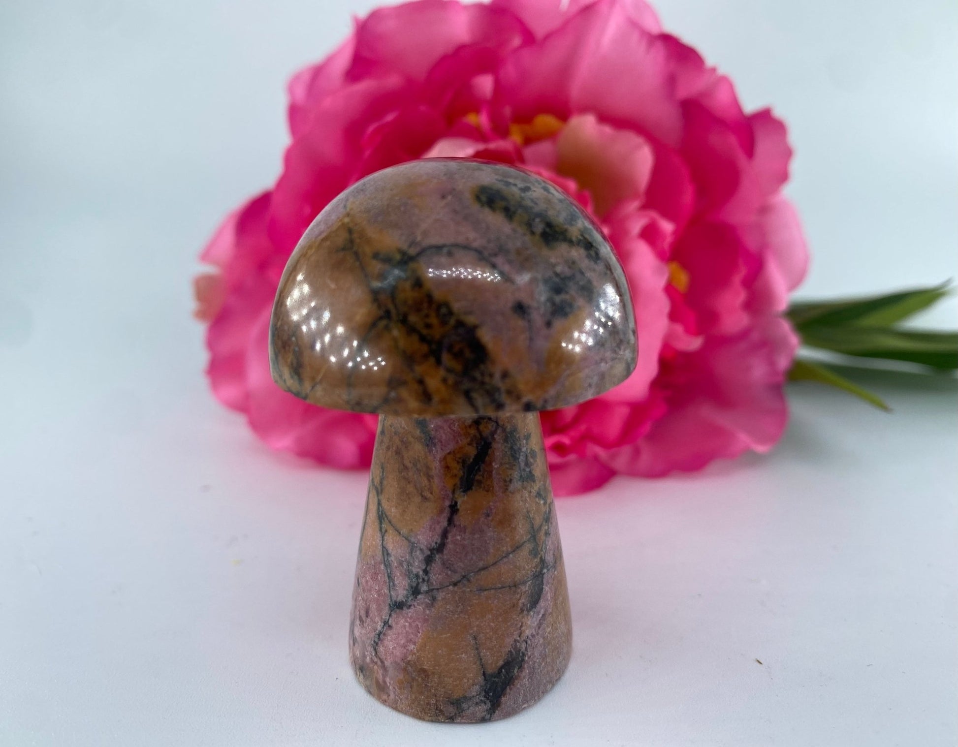 Polished Rhodonite Mushroom 115grams featuring pink tone with black veining - Luna Panther