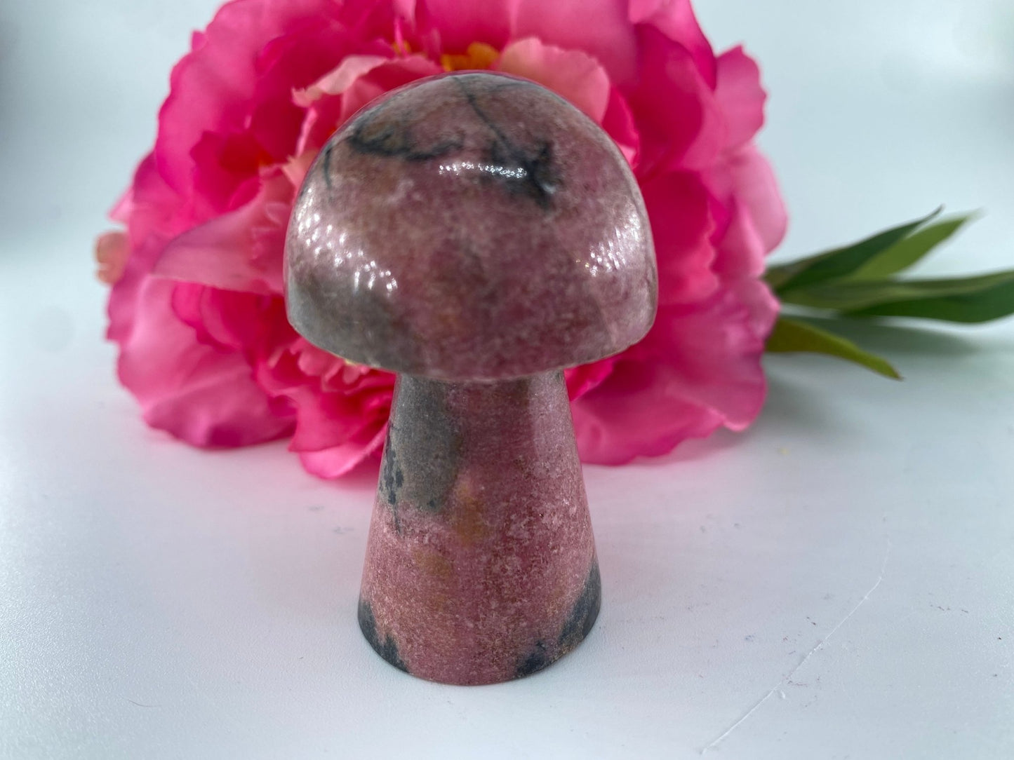 Polished Rhodonite Mushroom 115grams* featuring pink tone with black veining - Luna Panther