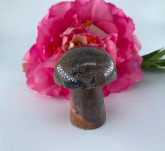 Polished Rhodonite Mushroom 117grams featuring pink tone with black veining - Luna Panther