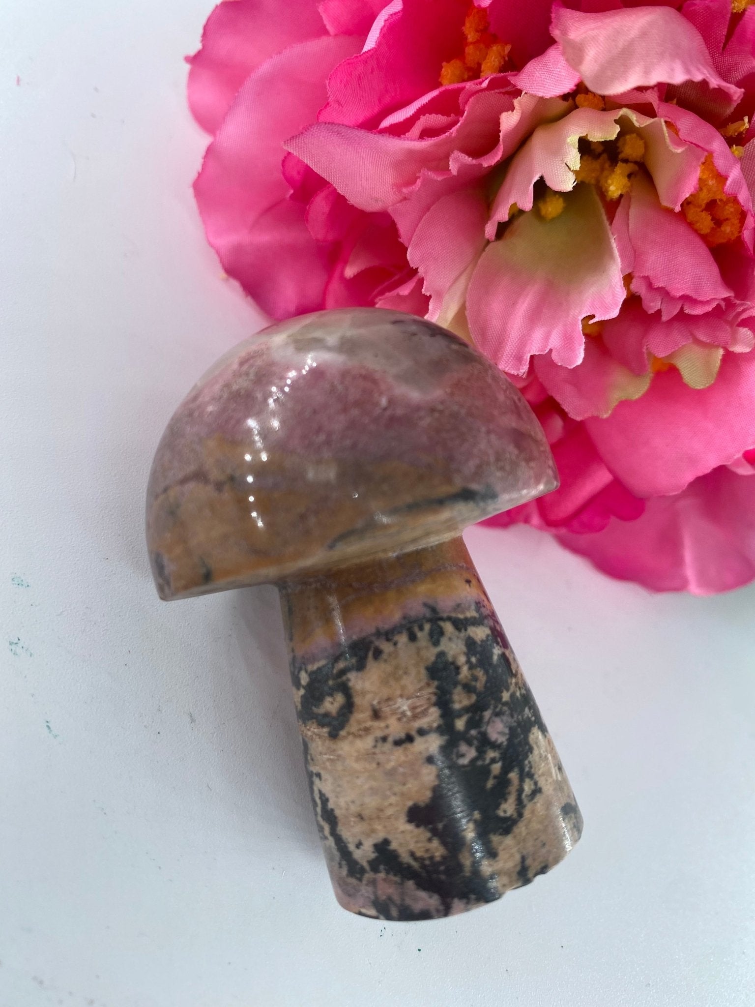 Polished Rhodonite Mushroom 117Grams 1 featuring pink tone with black veining - Luna Panther