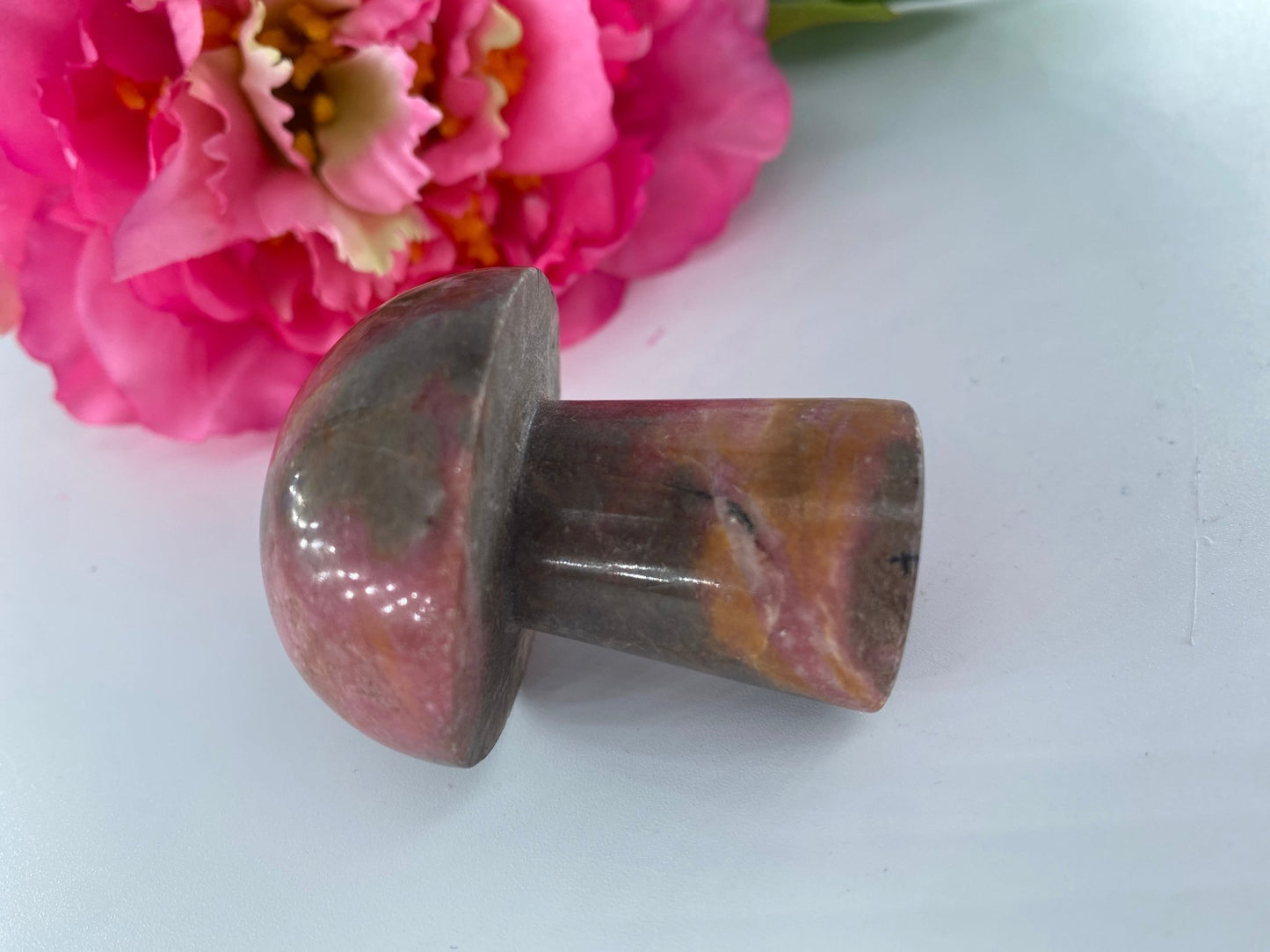 Polished Rhodonite Mushroom 117Grams featuring pink tone with black veining - Luna Panther