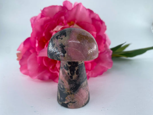 Polished Rhodonite Mushroom 120grams featuring pink tone with black veining - Luna Panther
