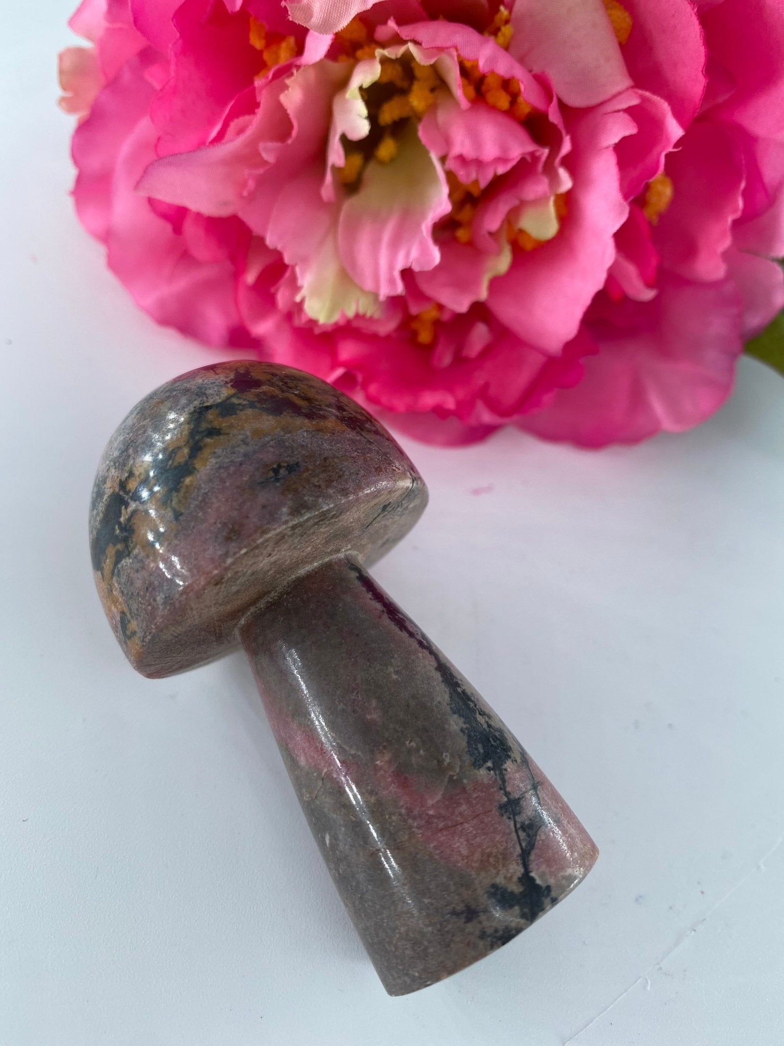 Polished Rhodonite Mushroom 136Grams featuring pink tone with black veining - Luna Panther