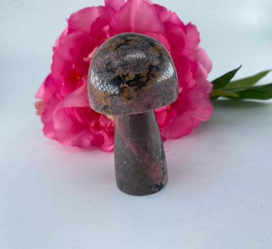 Polished Rhodonite Mushroom 136grams featuring pink tone with black veining - Luna Panther