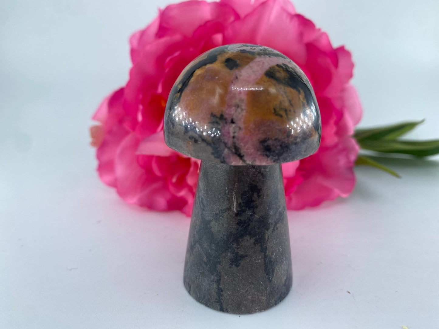 Polished Rhodonite Mushroom 157grams featuring pink tone with black veining - Luna Panther