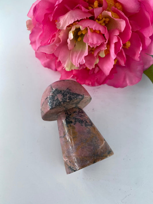 Polished Rhodonite Mushroom 85Grams 1 featuring pink tone with black veining - Luna Panther alternate view